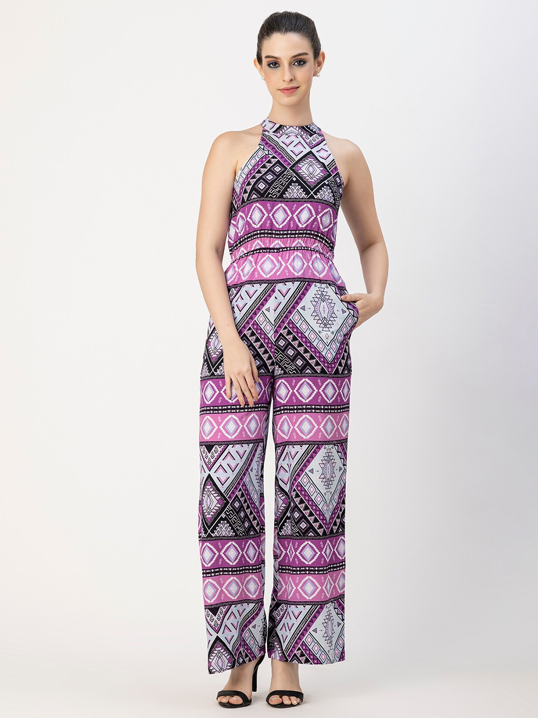 

Moomaya Ethnic Motifs Printed Halter Neck Basic Jumpsuit, Purple
