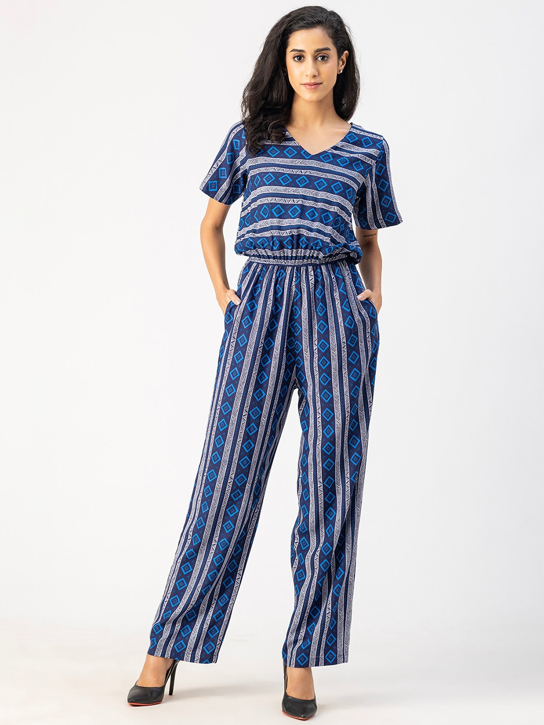 

Moomaya Ethnic Motifs Printed Basic Jumpsuit, Navy blue