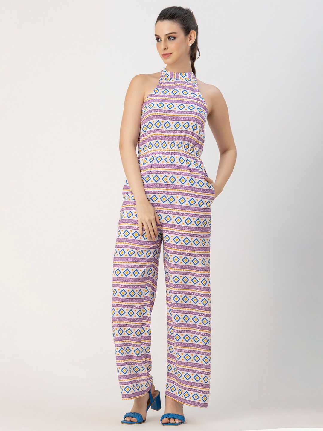 

Moomaya Ethnic Motifs Halter Neck Printed Basic Jumpsuit, White