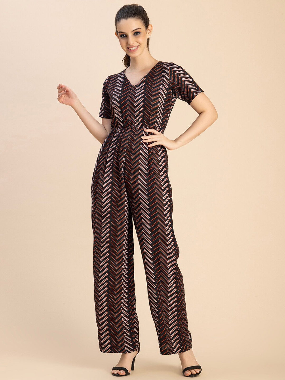 

Moomaya Geometric Printed Basic Jumpsuit, Black