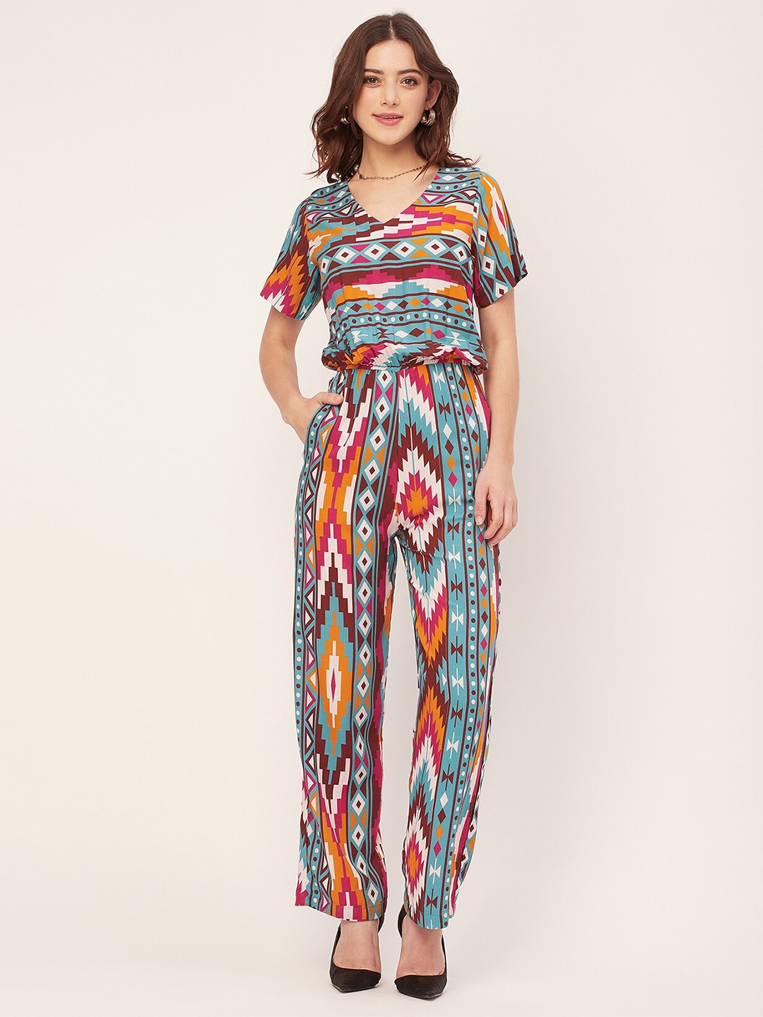 

Moomaya Geometric Printed V-Neck Basic Jumpsuit, Turquoise blue