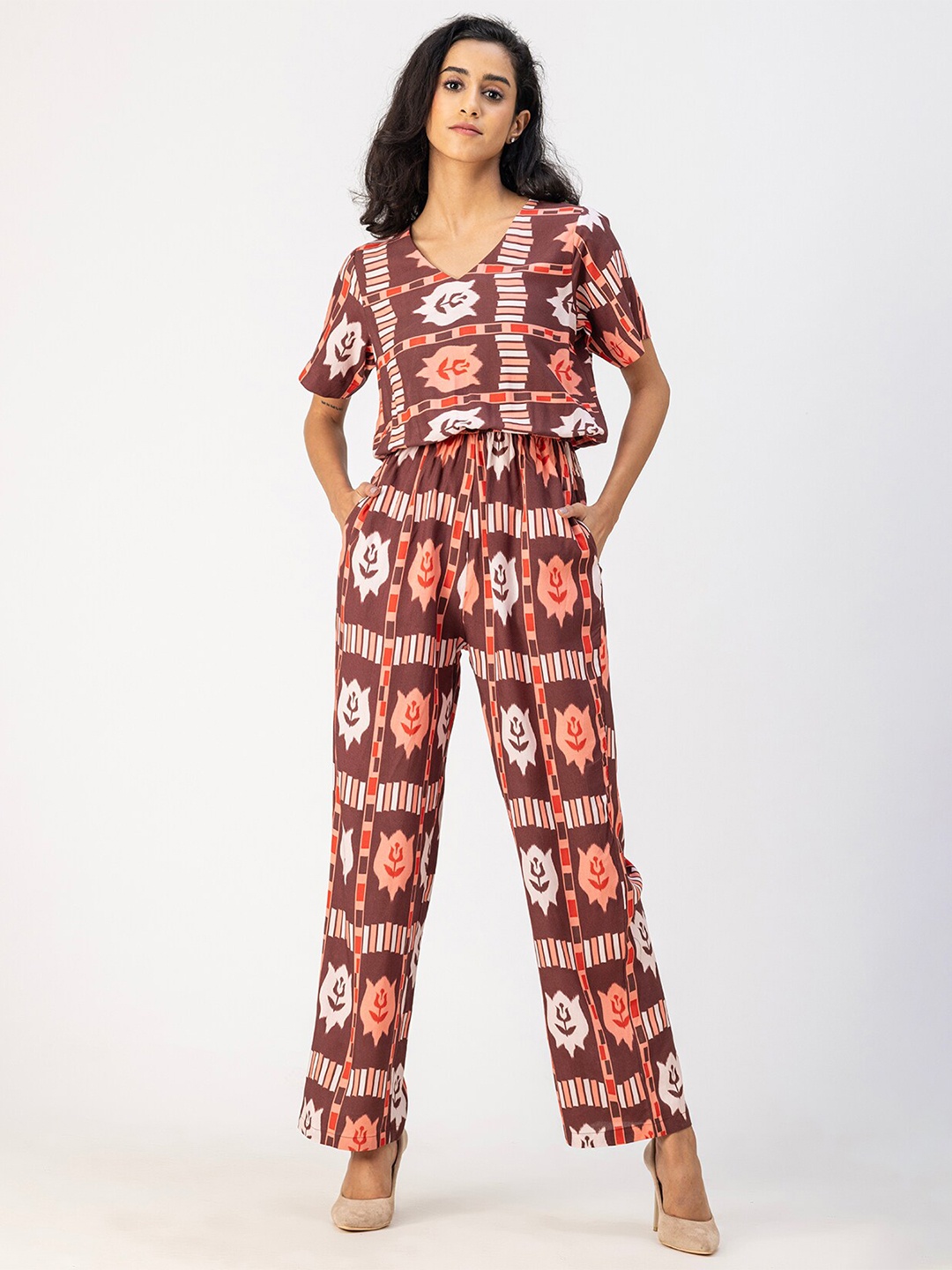 Moomaya Ethnic Motifs Printed Basic Jumpsuit, Coral