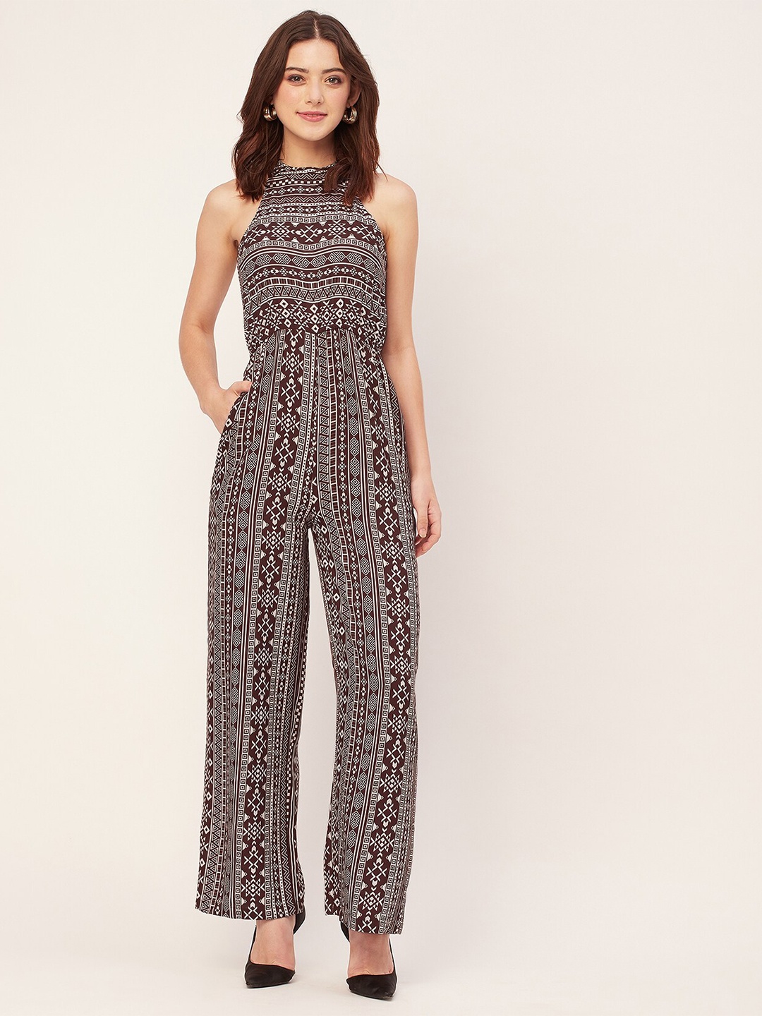 

Moomaya Ethnic Motifs Printed Halter Neck Basic Jumpsuit, Brown