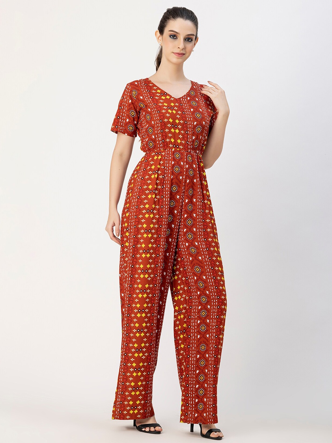 

Moomaya Ethnic Motifs Printed Basic Jumpsuit, Rust