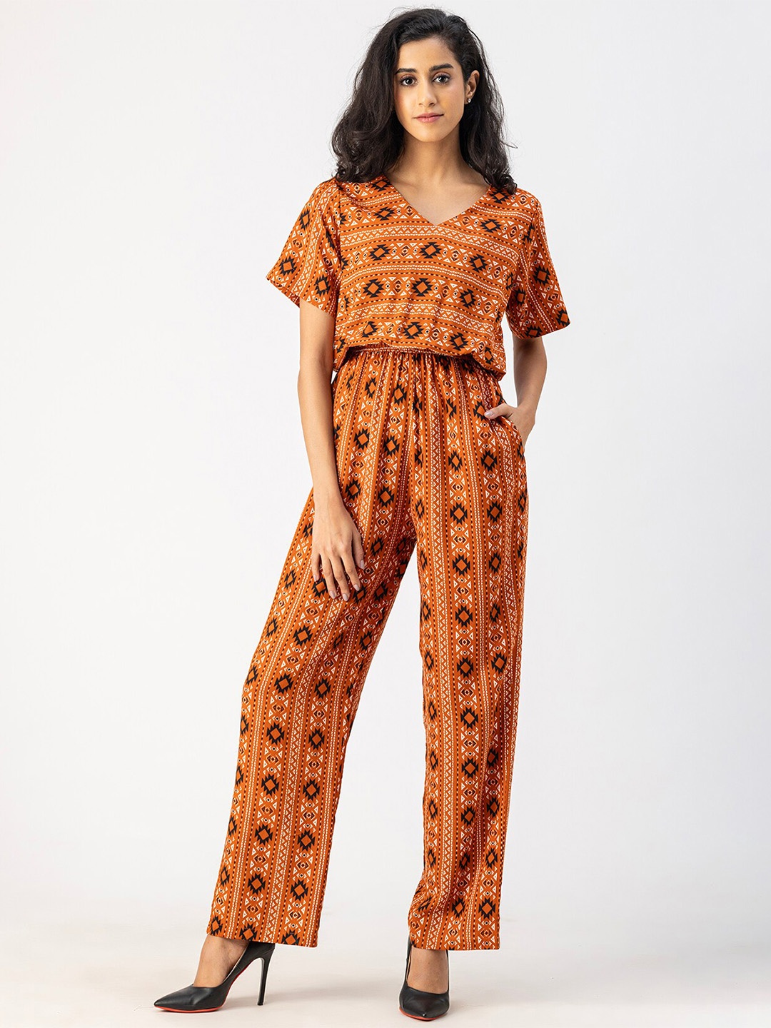 

Moomaya Ethnic Motifs Printed Basic Jumpsuit, Rust