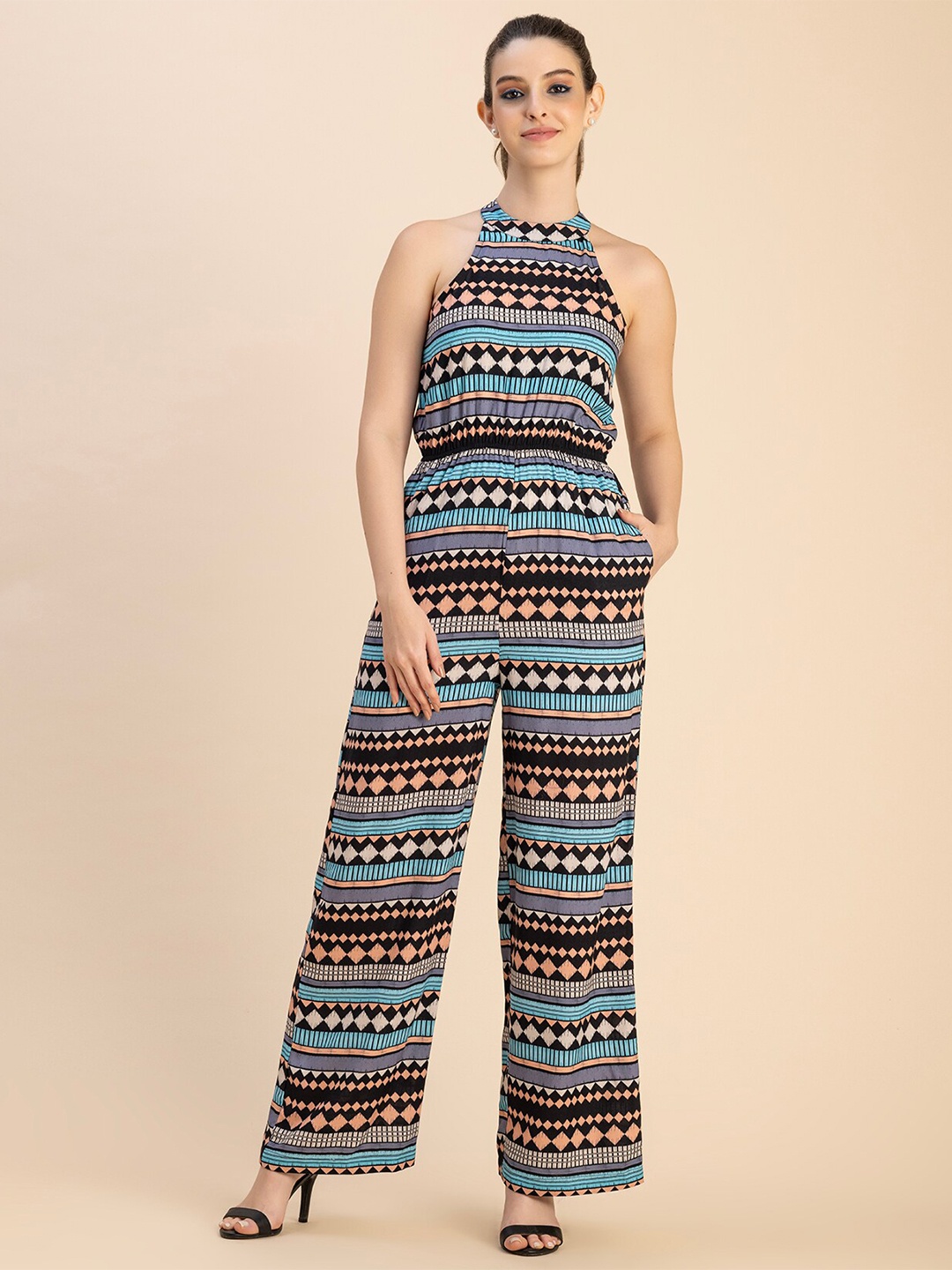 

Moomaya Ethnic Motifs Printed Basic Jumpsuit, Black