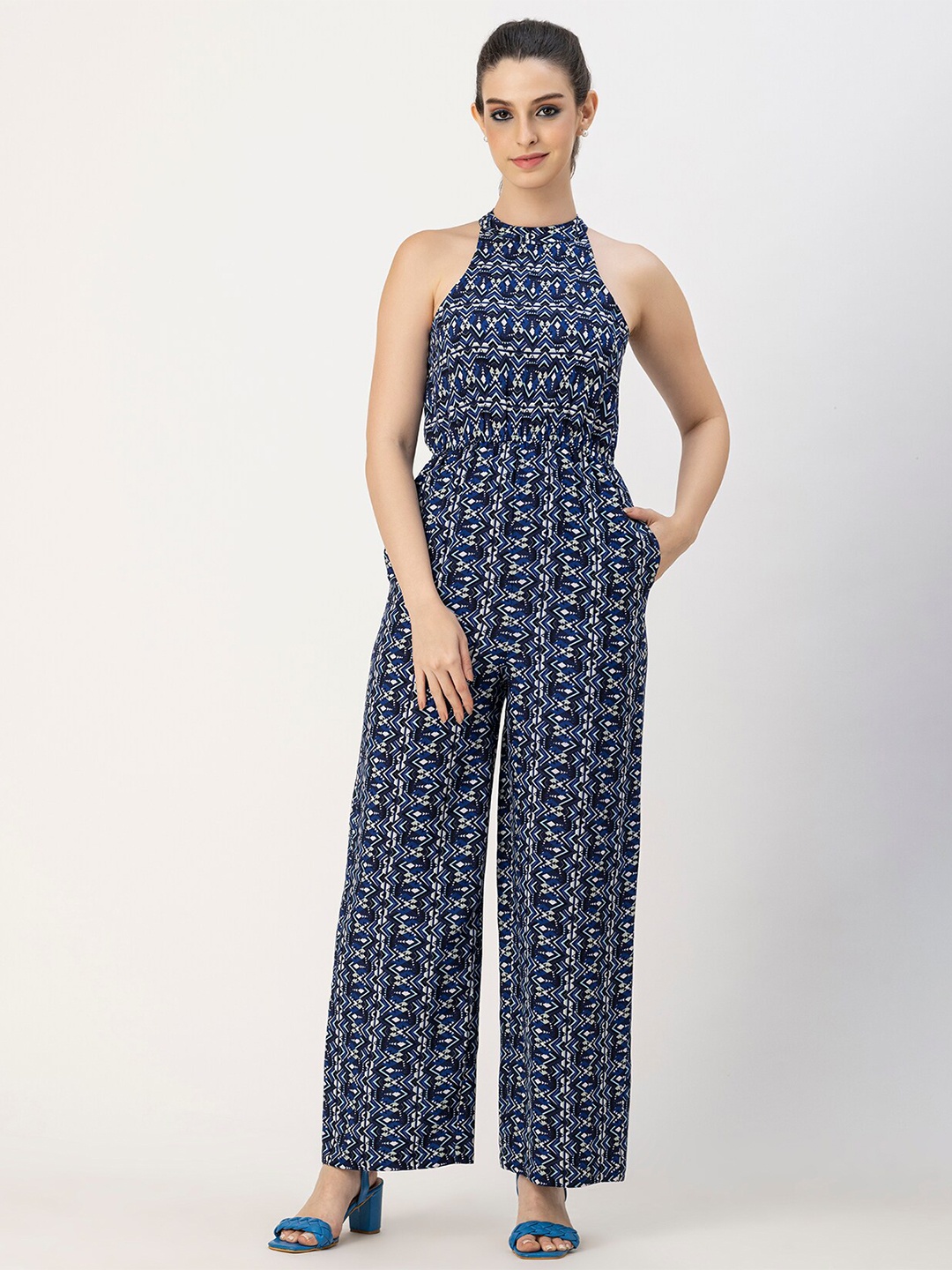 

Moomaya Ethnic Motifs Halter Neck Printed Basic Jumpsuit, Blue