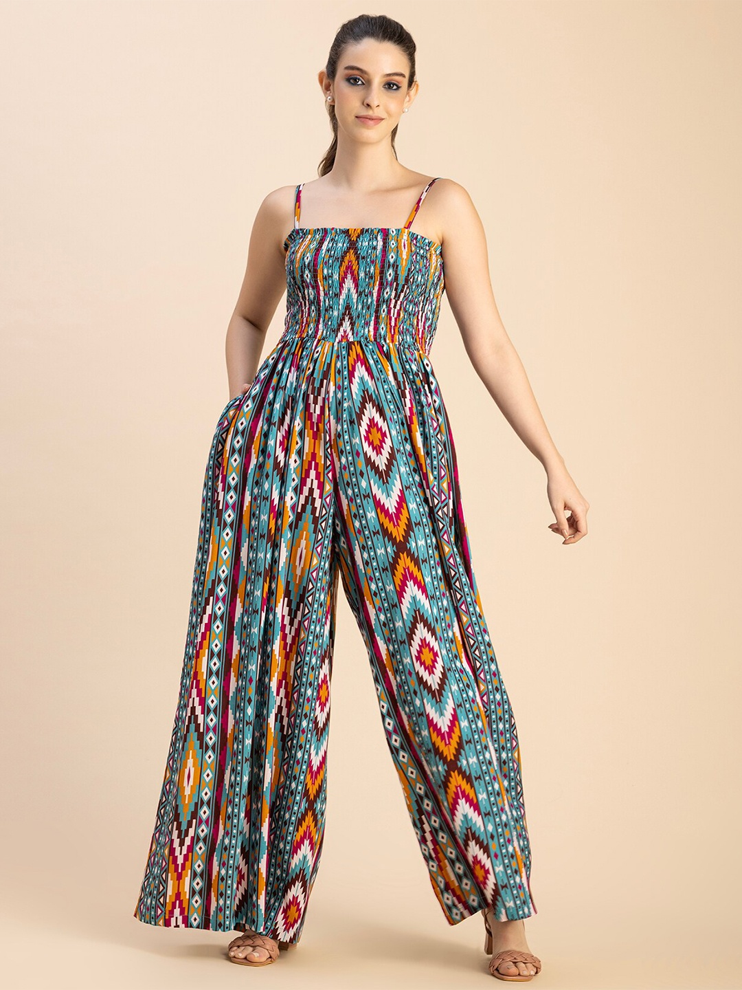 

Moomaya Ethnic Motifs Printed Basic Jumpsuit, Blue