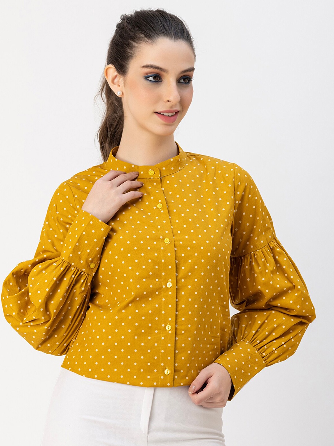 

Moomaya Opaque Polka Dots Printed Mandarin Collar Puff Sleeves Cotton Casual Shirt, Mustard