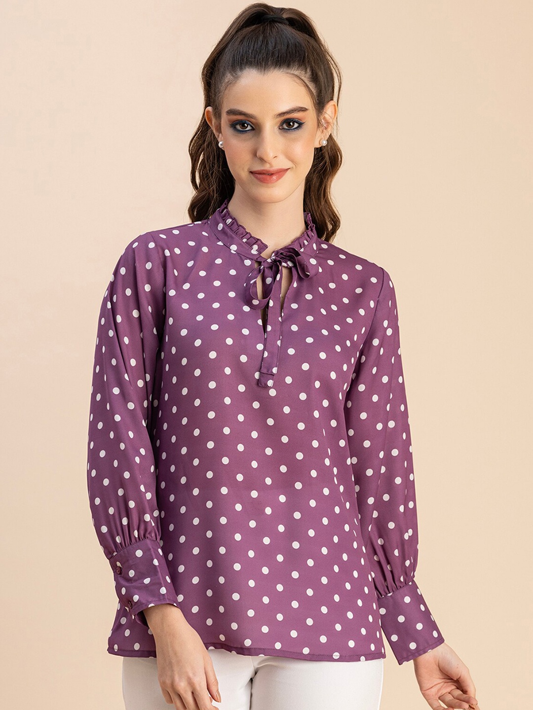 

Moomaya Polka Dot Printed Tie Up Neck Puff Sleeves Opaque Casual Shirt, Mauve