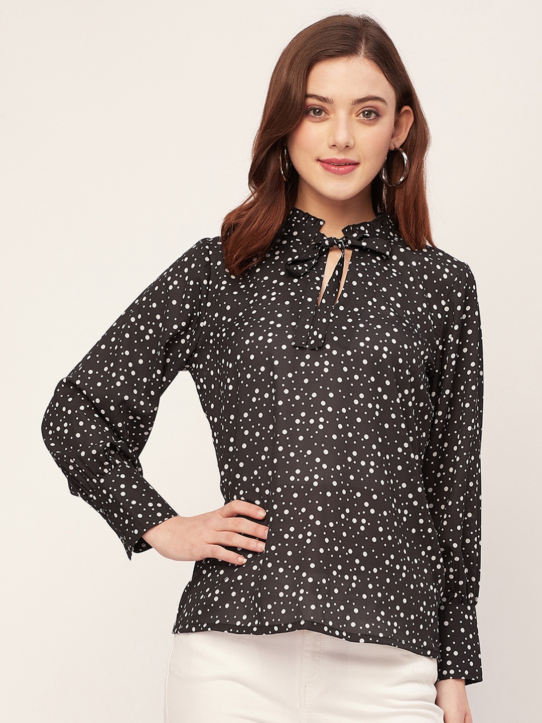 

Moomaya Geometric Printed Tie Up Neck Ruffles Georgette Top, Black