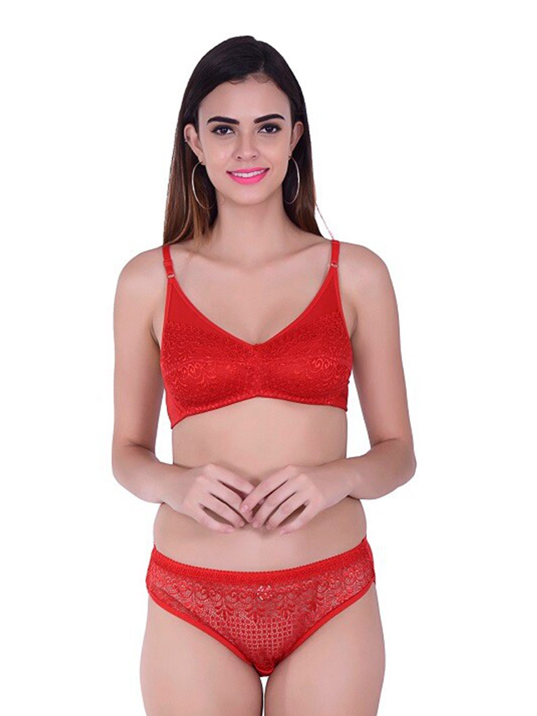 

new blue eyes Self Design Lace Nylon Bra With Bikini Brief, Red