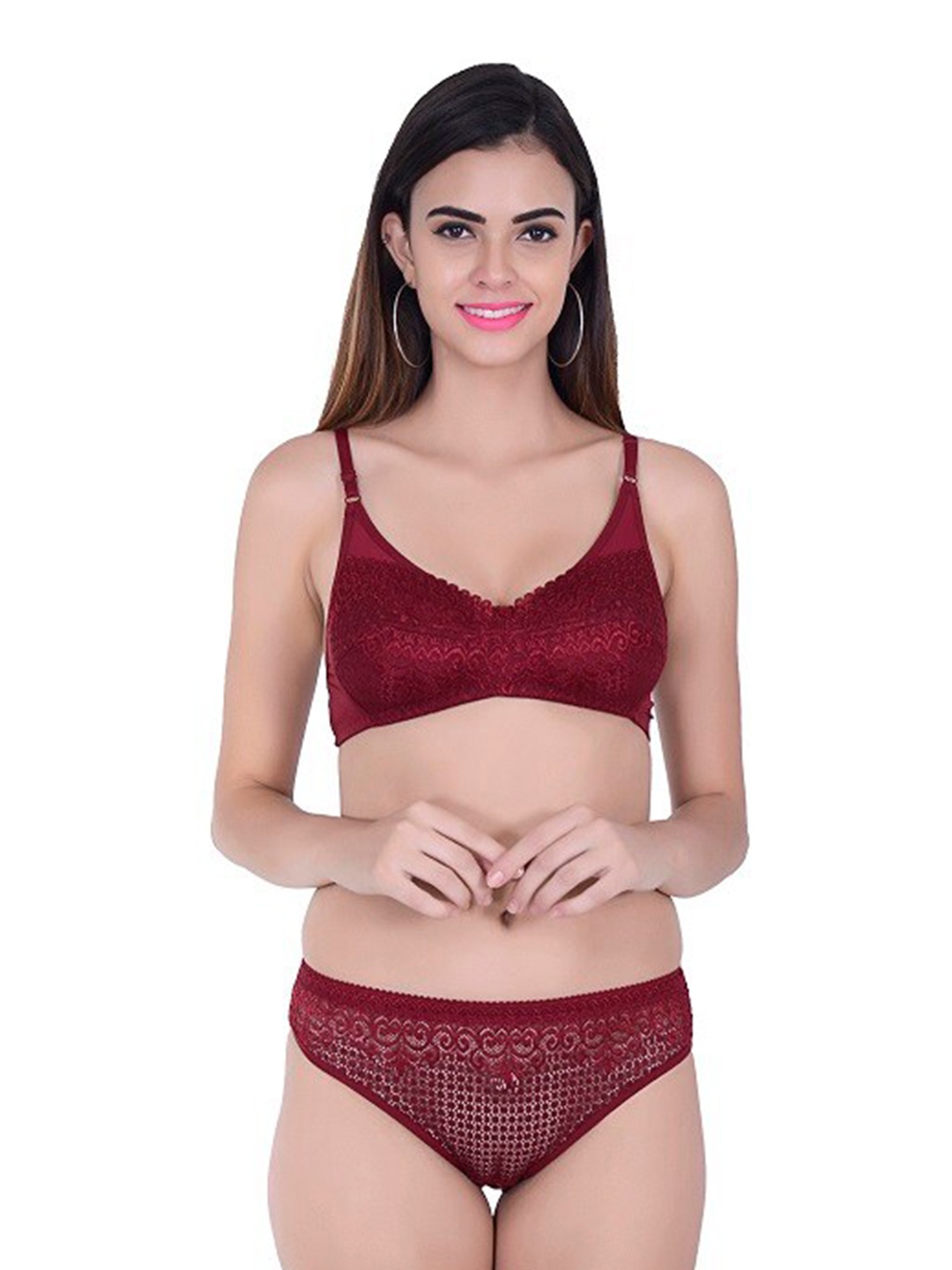 

new blue eyes Self Design Lace Nylon Bra With Bikini Brief, Maroon