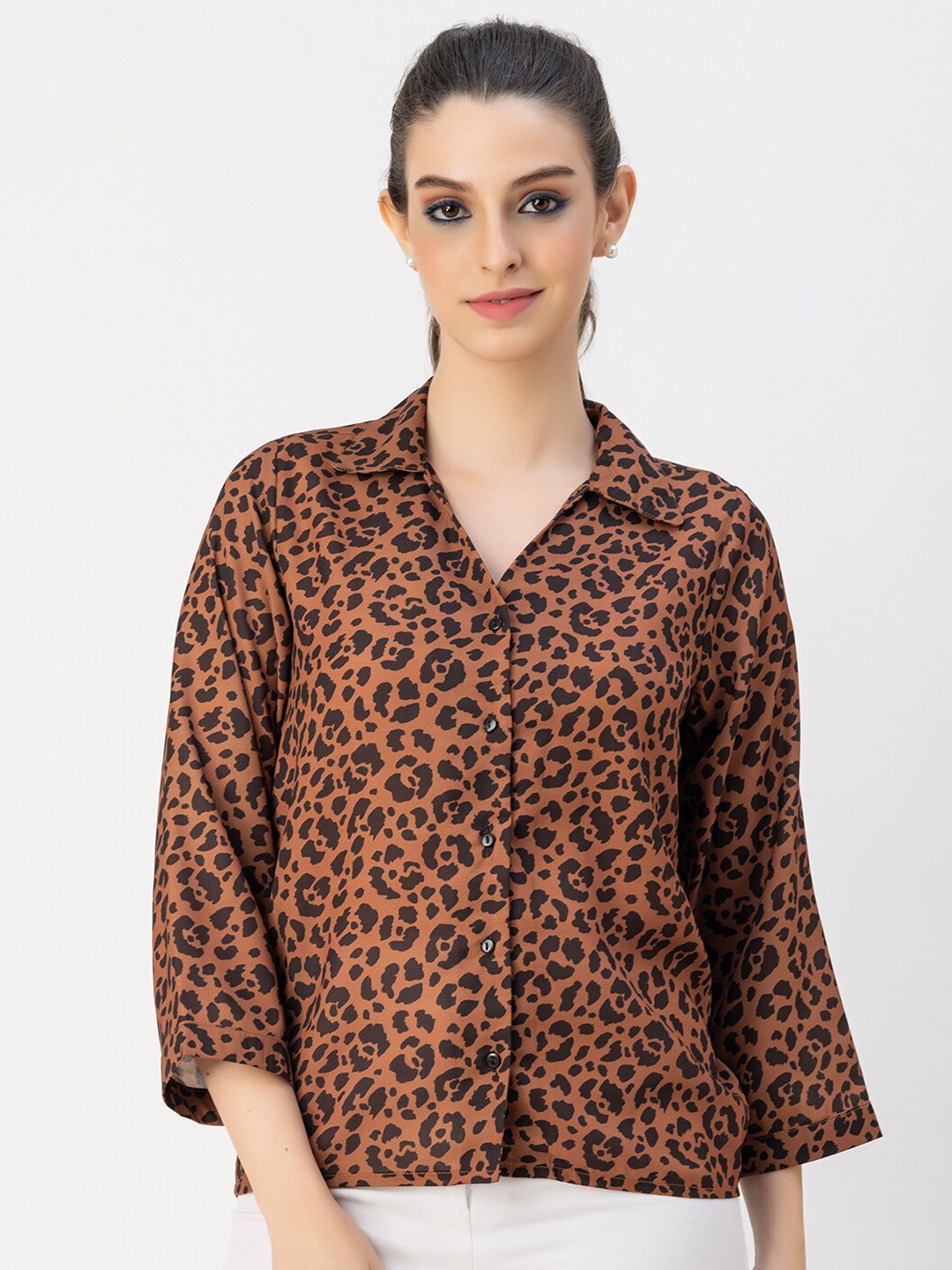 

Moomaya Animal Printed Cotton Casual Shirt Style Top, Brown