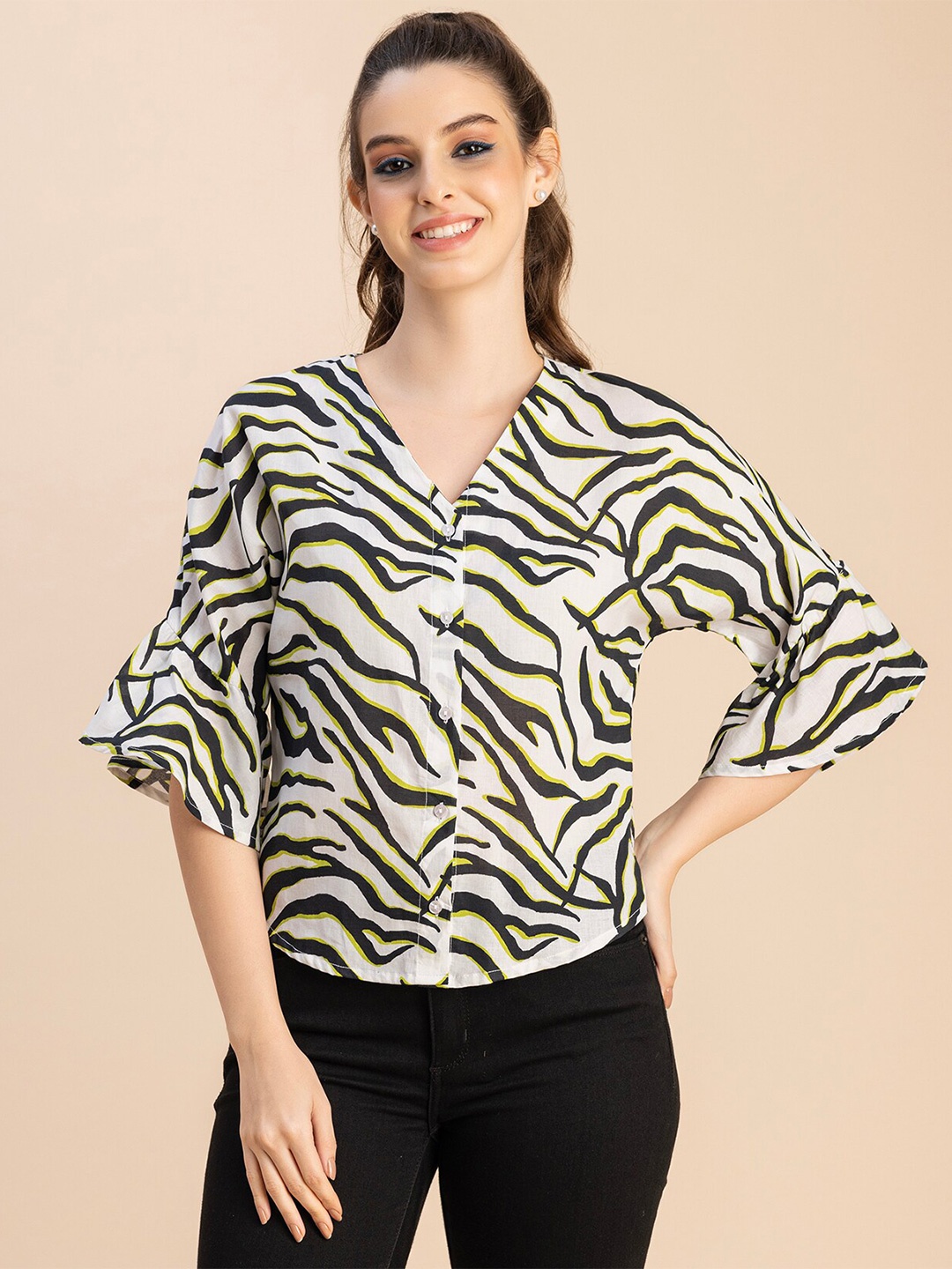 

Moomaya Animal Printed Bell Sleeves V-Neck Cotton Top, Black