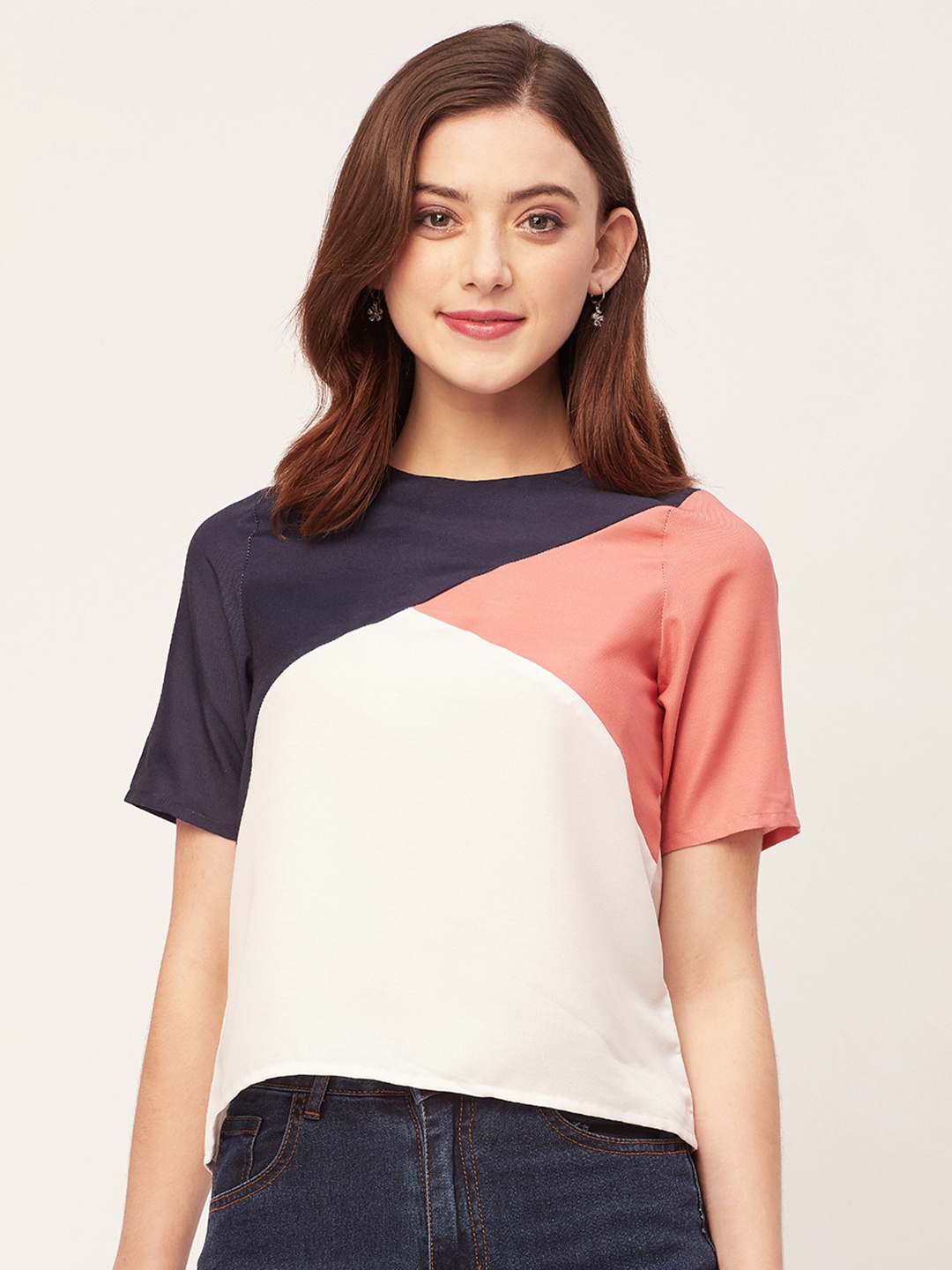 

Moomaya Colourblocked Round Neck Short Sleeves Casual Top, Blue