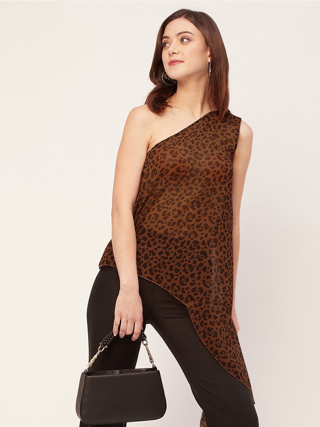 

Moomaya Animal Print One Shoulder Sleeveless Asymmetric Longline Top, Brown