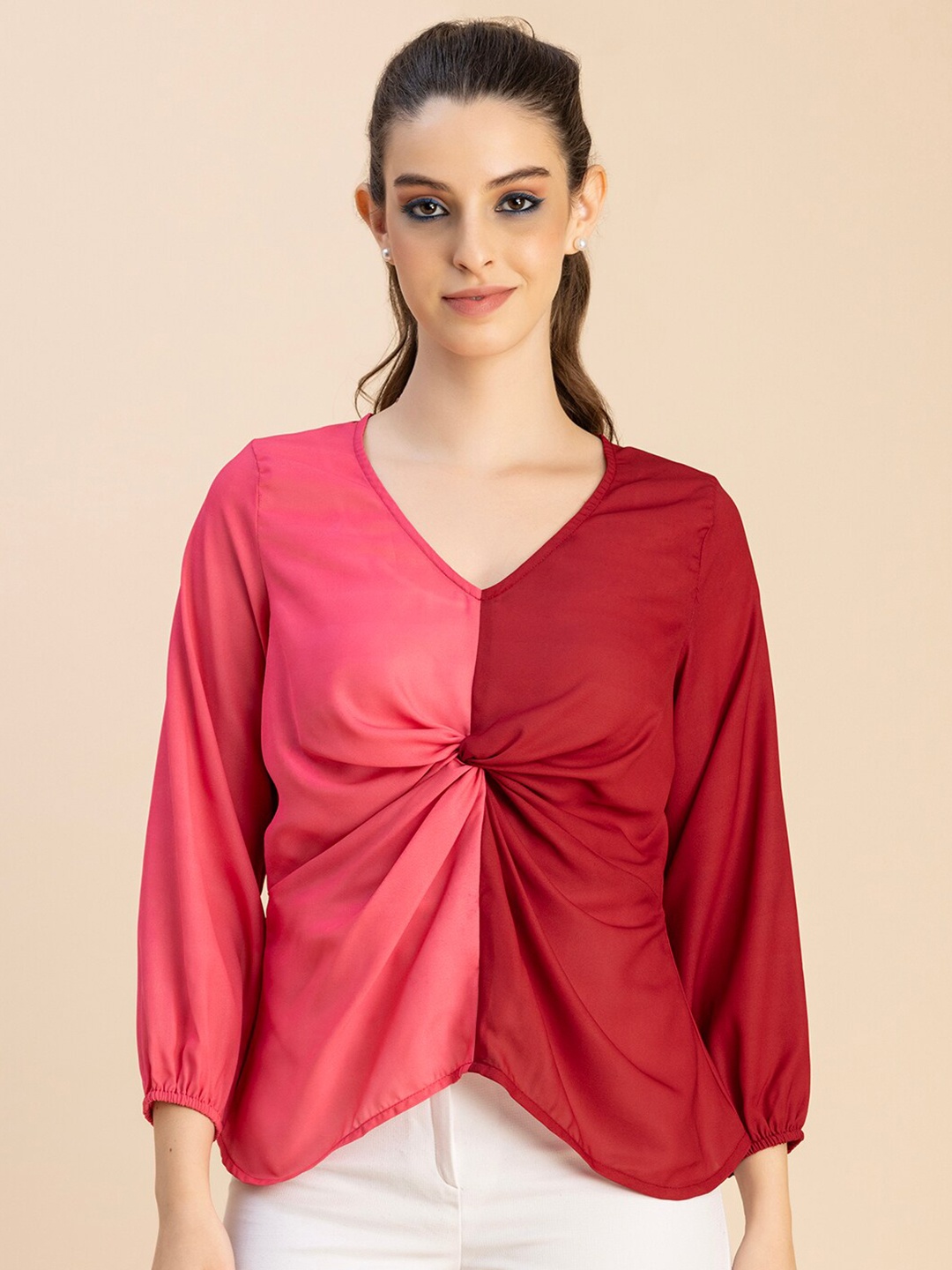 

Moomaya V-Neck Tie-Ups Colorblocked Top, Pink