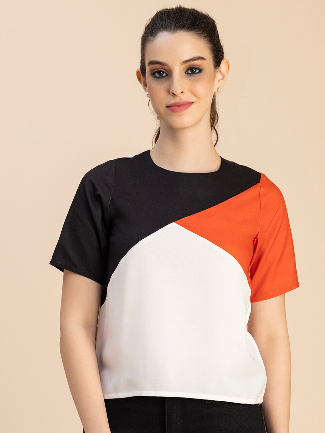 

Moomaya Round Neck Colourblocked Top, Black