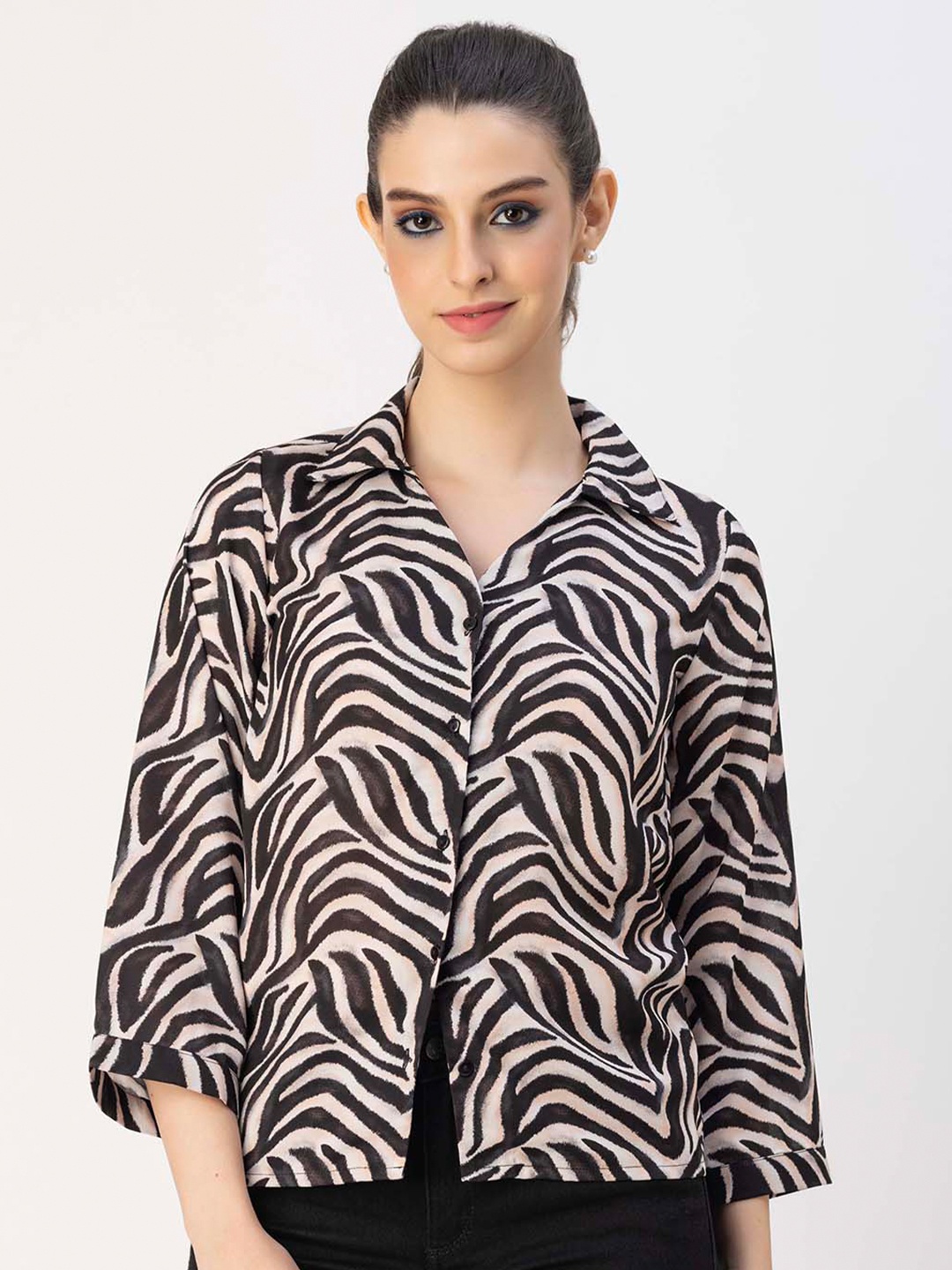 

Moomaya Animal Printed Shirt Style Top, Black