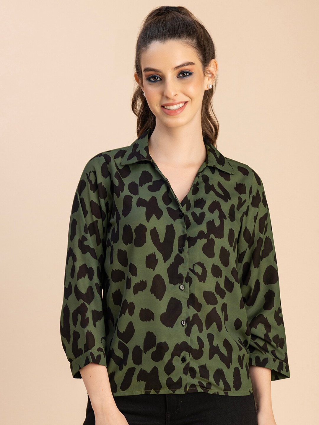 

Moomaya Animal Printed Georgette Shirt Style Top, Olive