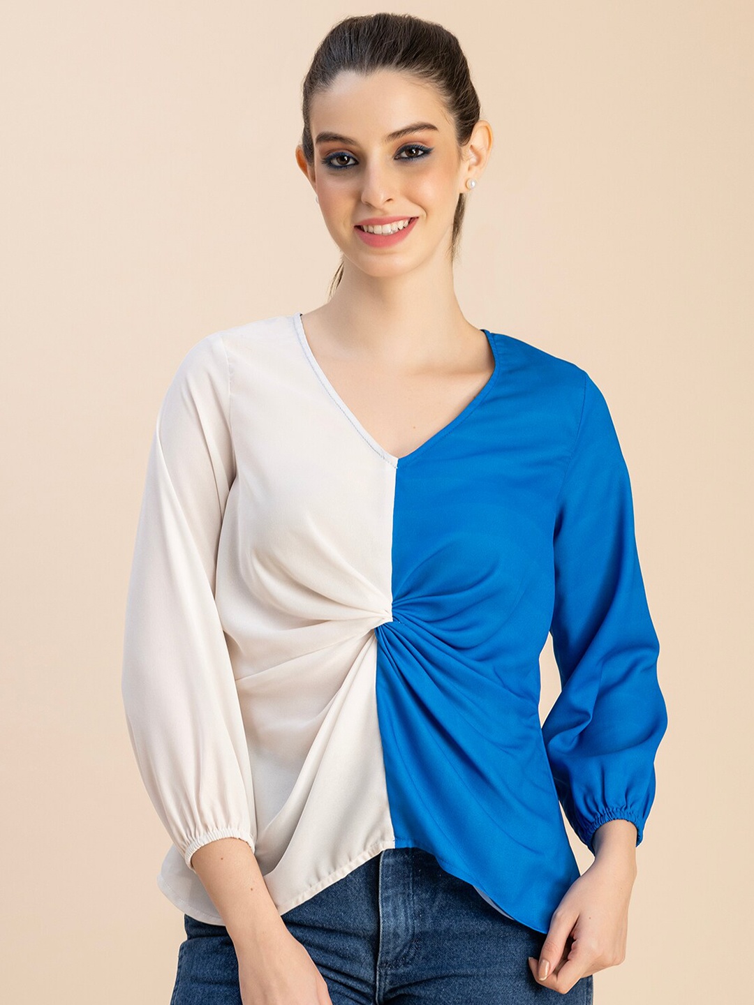 

Moomaya Colourblocked Puff Sleeves Georgette Pleated Top, Blue