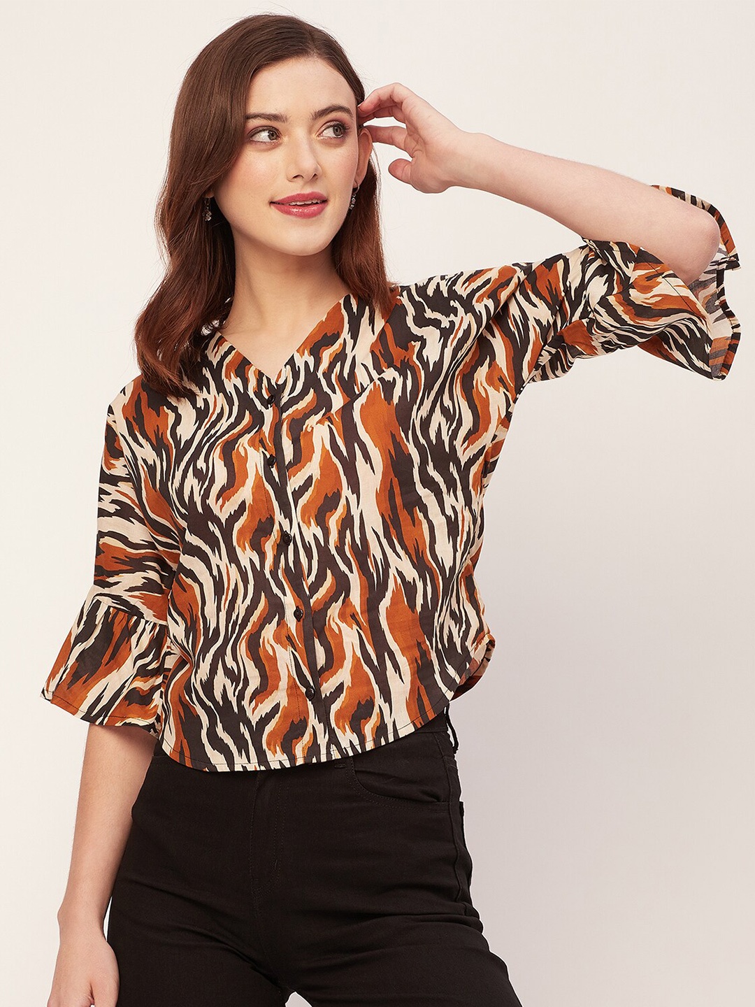 

Moomaya Animal Printed Printed Bell Sleeve Bell Sleeves Cotton Cambric Shirt Style Top, Black