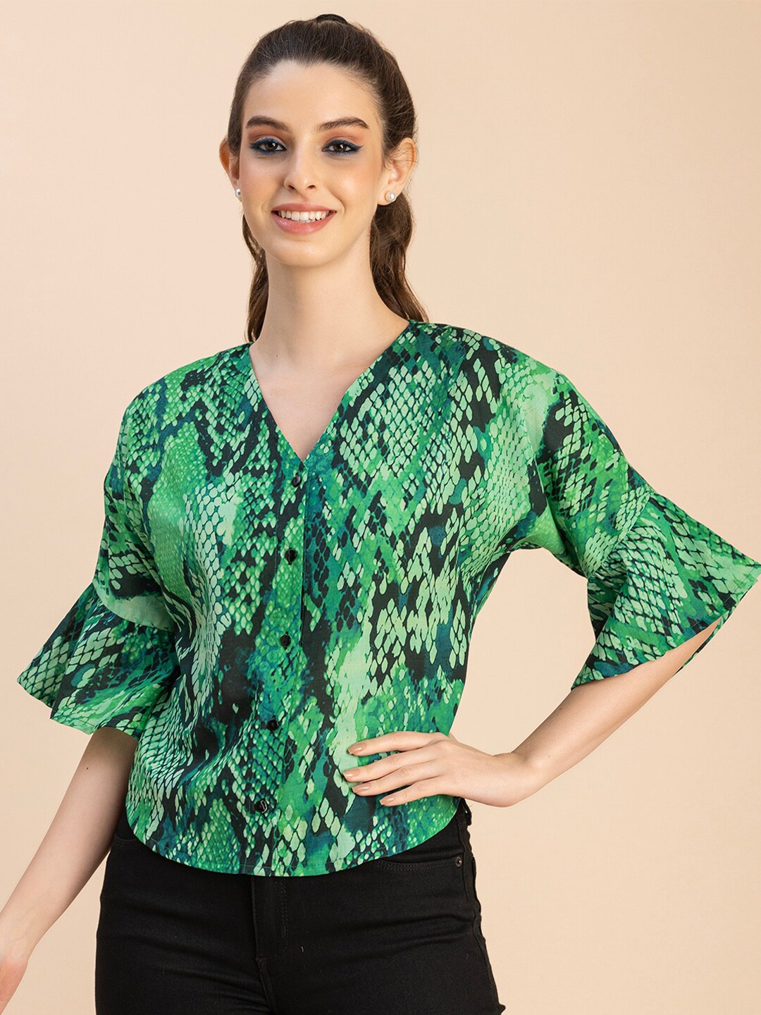 

Moomaya Animal Print Bell Sleeve Cotton Top, Green