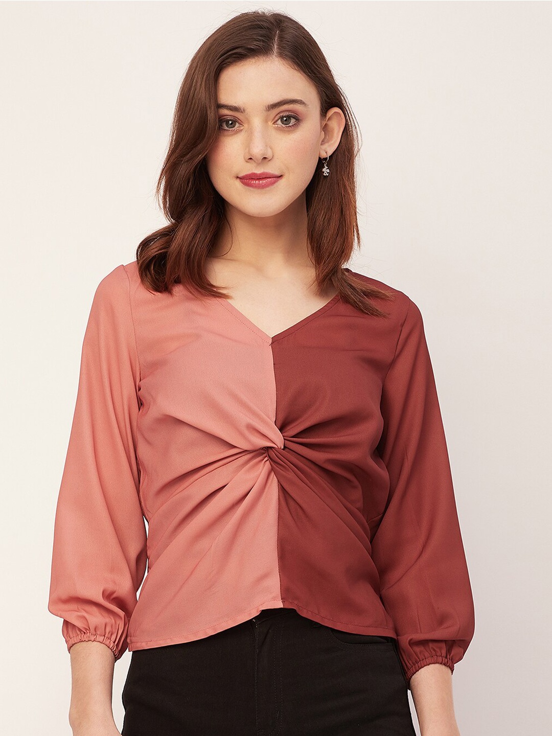 

Moomaya Colourblocked V-Neck Twisted Top, Brown