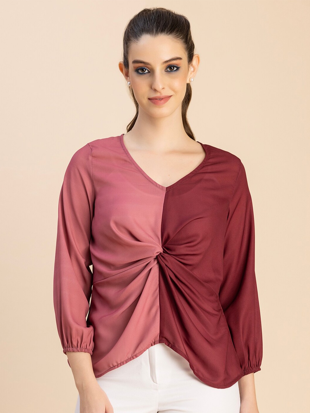 

Moomaya Colourblocked V-Neck Twisted Top, Maroon