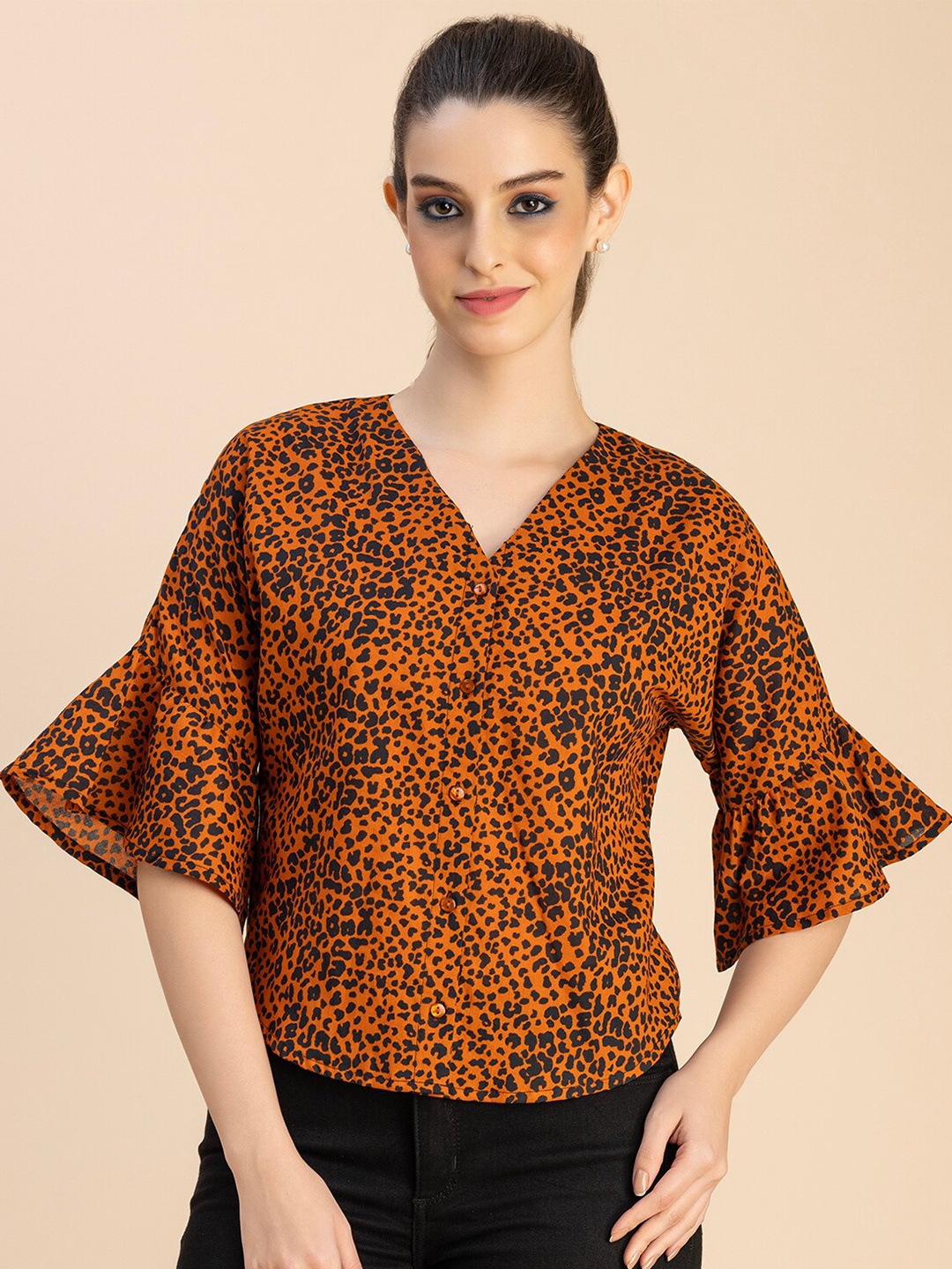 

Moomaya Abstract Printed Flared Sleeves Cotton Top, Orange