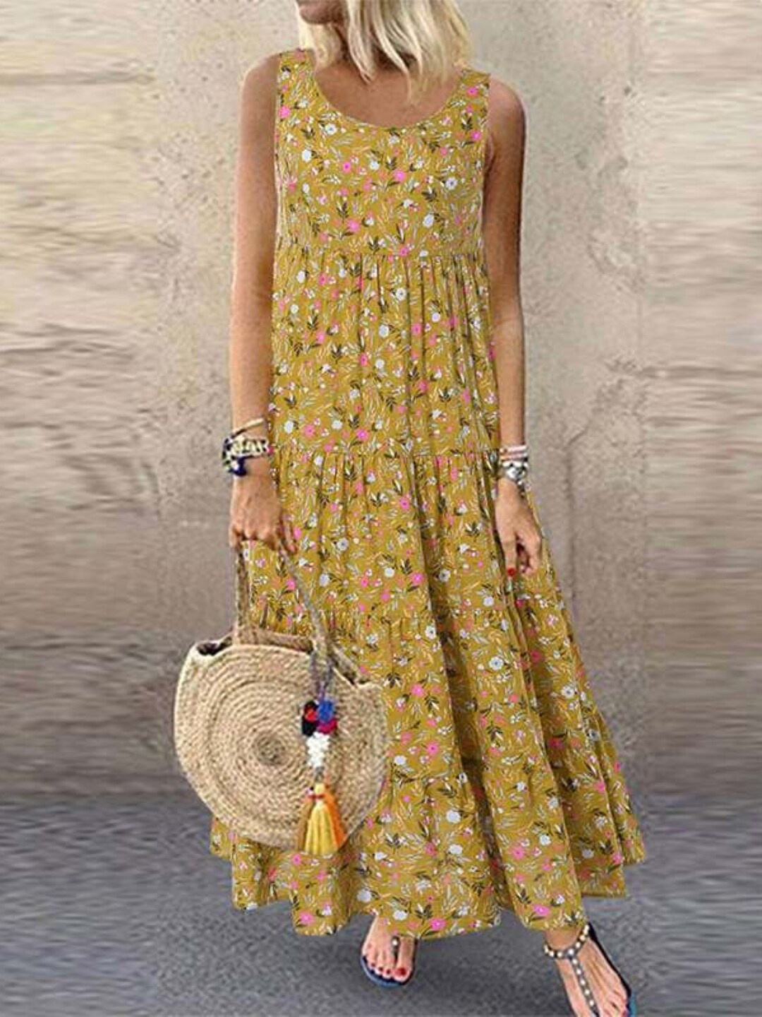

StyleCast Yellow Floral Printed Sleeveless A-Line Maxi Dress