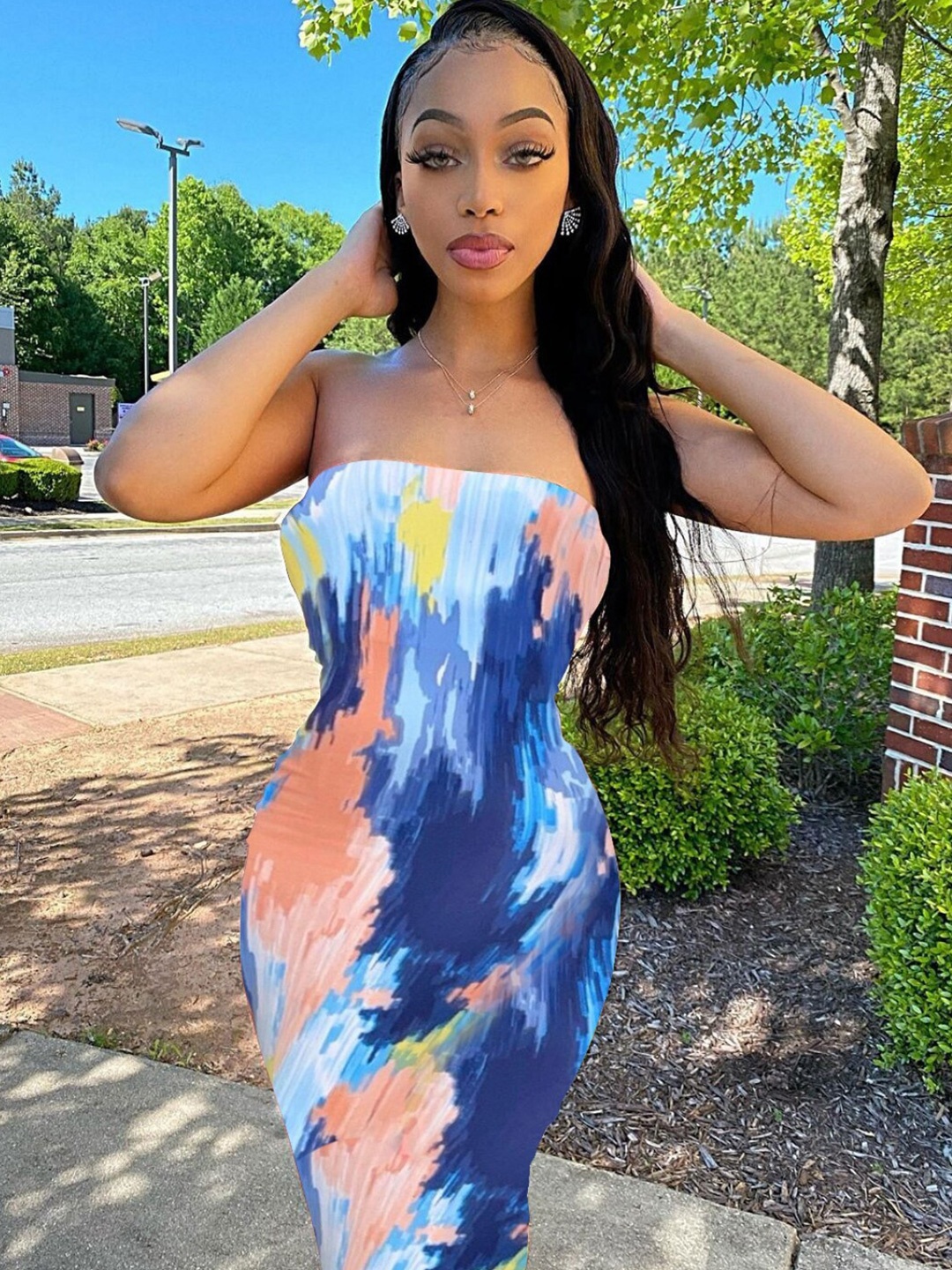 

StyleCast Blue Abstract Printed Strapless Bodycon Dress