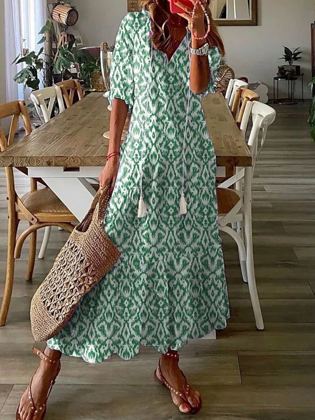 

StyleCast Green Abstract Printed Tiered A-Line Maxi Dress