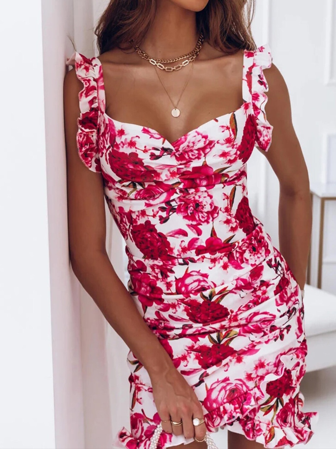 

StyleCast Red Floral Printed Sweetheart Neck A-Line Dress, White