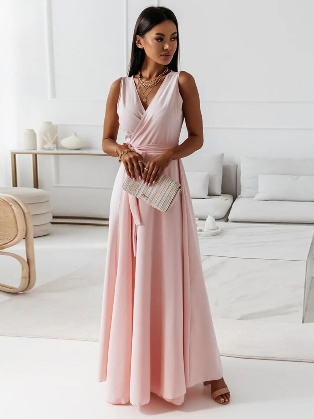 

StyleCast Pink V-Neck Sleeveless Wrap Maxi Dress