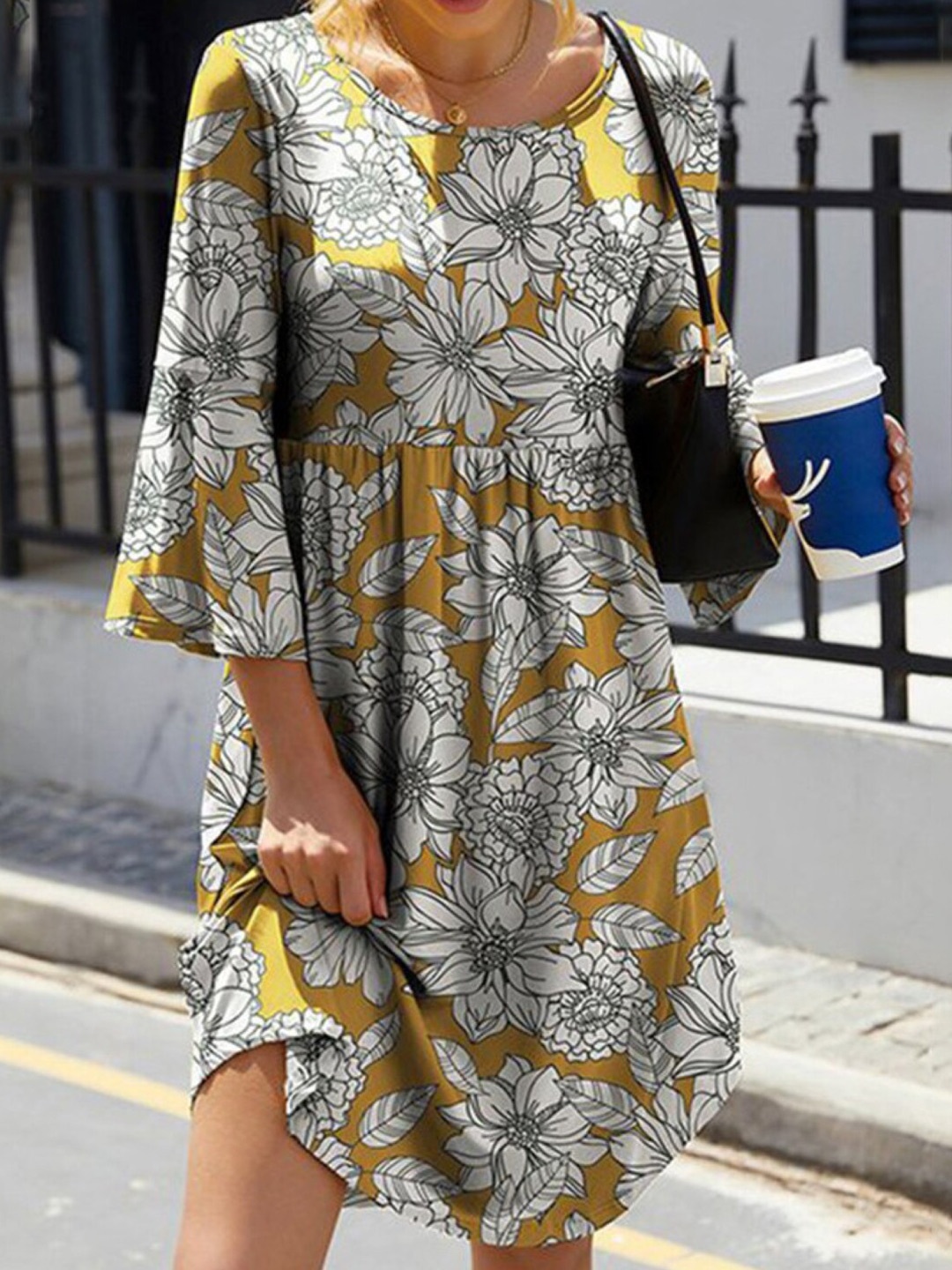 

StyleCast Mustard Yellow & White Floral Printed Flared Sleeves Gathered Fit & Flare Dress
