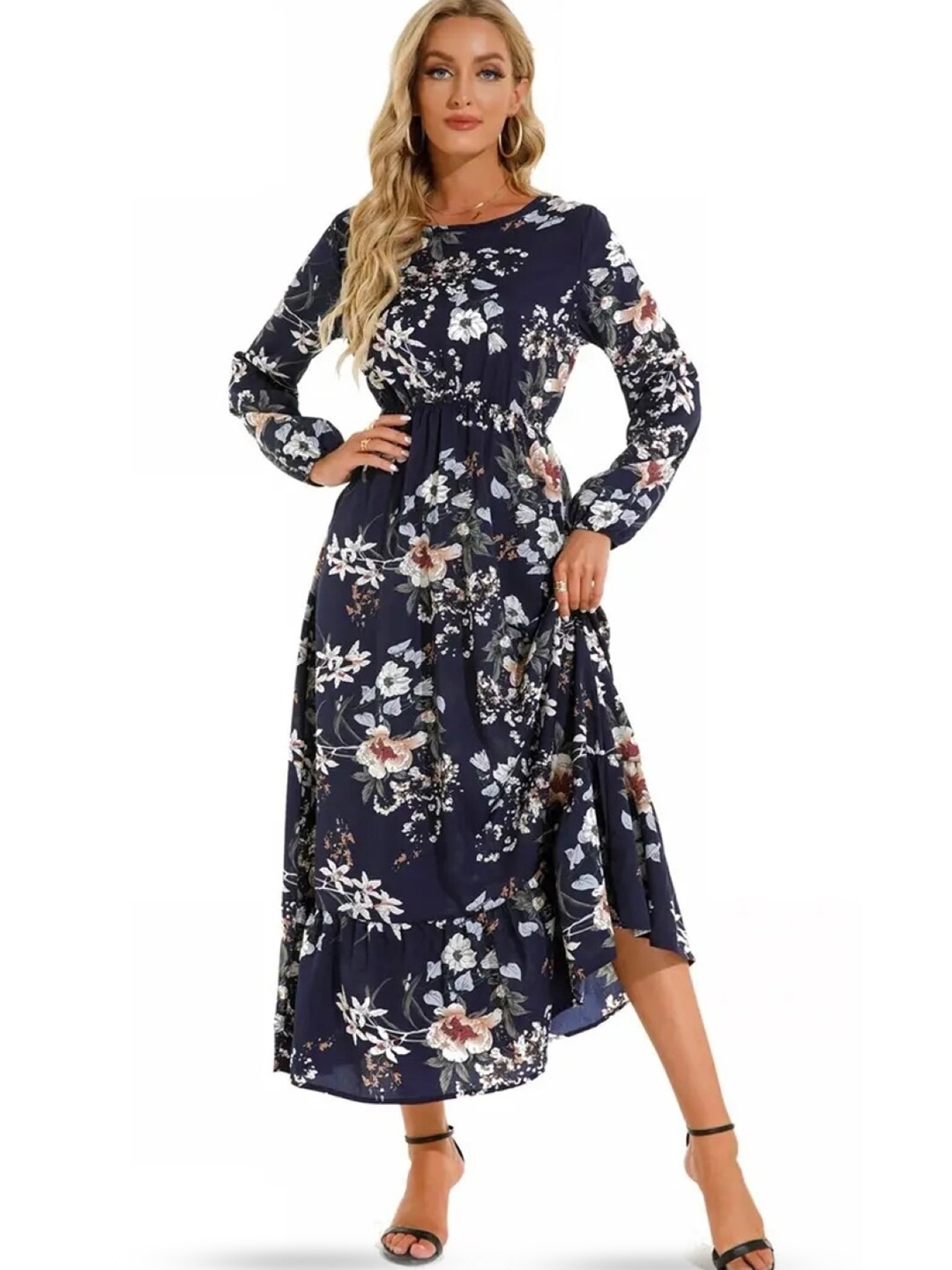 

StyleCast Blue Floral Printed Puff Sleeve Fit & Flare Midi Dress