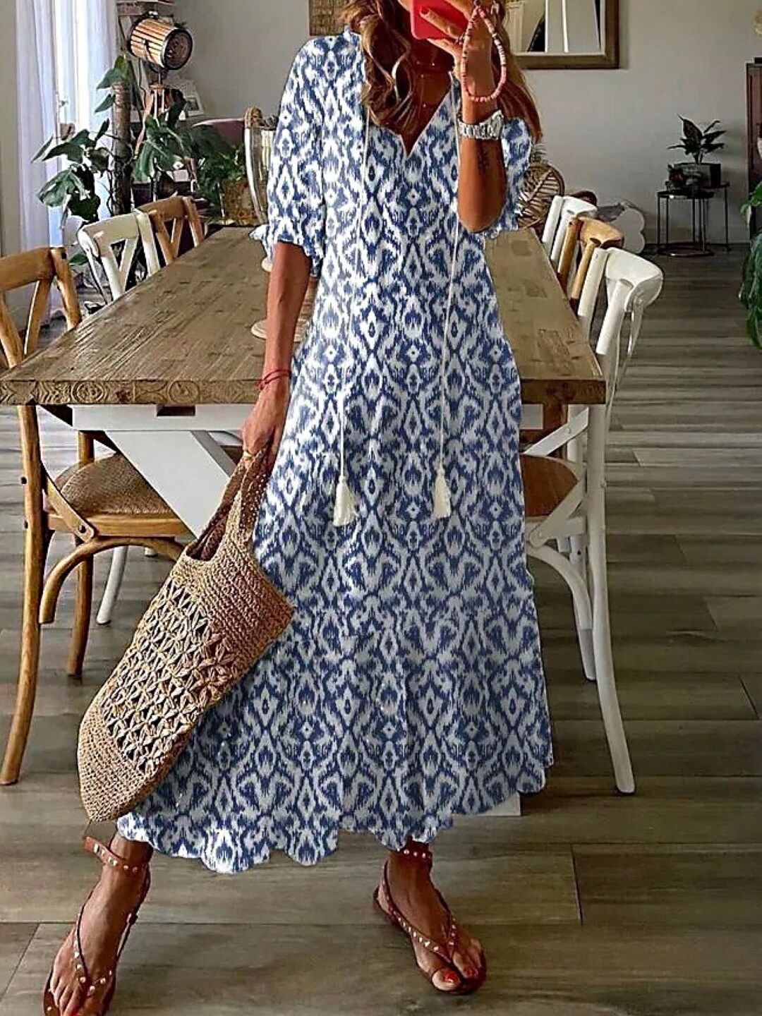 

StyleCast Blue Ethnic Motifs Printed Tie-Up Neck Maxi Dress