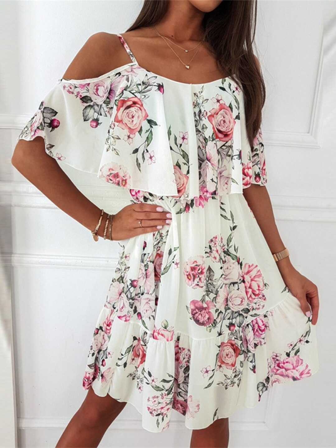 

StyleCast White Floral Print Cold-Shoulder Sleeves Fit & Flare Dress