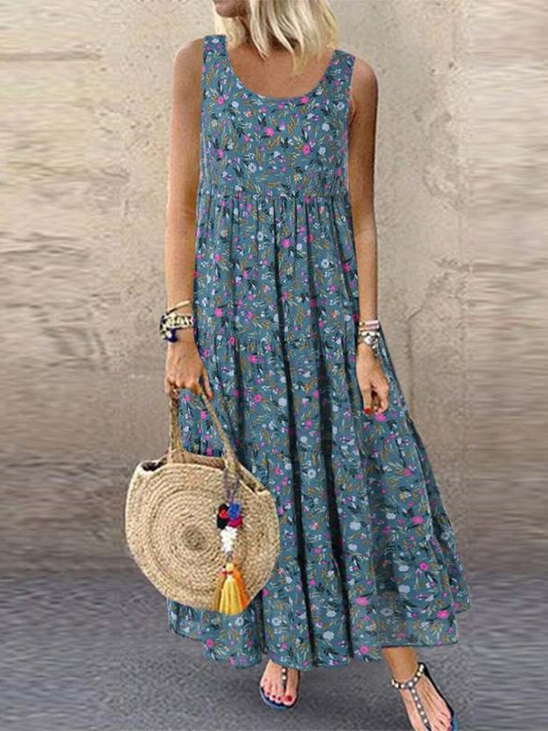 

StyleCast Blue Floral Printed A-Line Tiered Maxi Dress