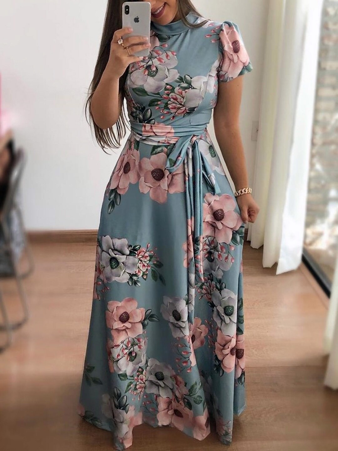 

StyleCast Floral Print High Neck Short Sleeves A-Line Maxi Dress, Blue