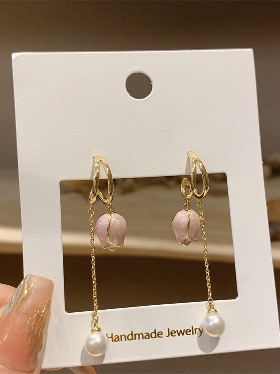 

VAGHBHATT Gold-Plated Contemporary Pearl Beaded Drop Earrings, Pink