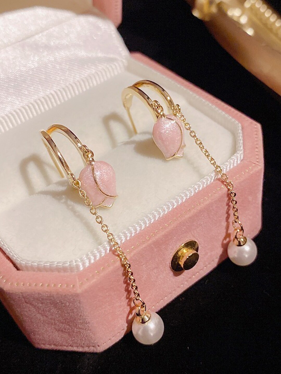 

VAGHBHATT Gold-Plated Contemporary Pearl Beaded Drop Earrings, Pink