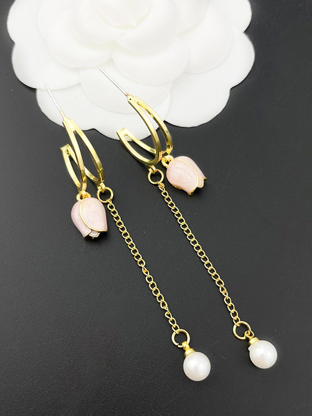 

VAGHBHATT Gold Plated Pearls Floral Drop Earrings, Pink