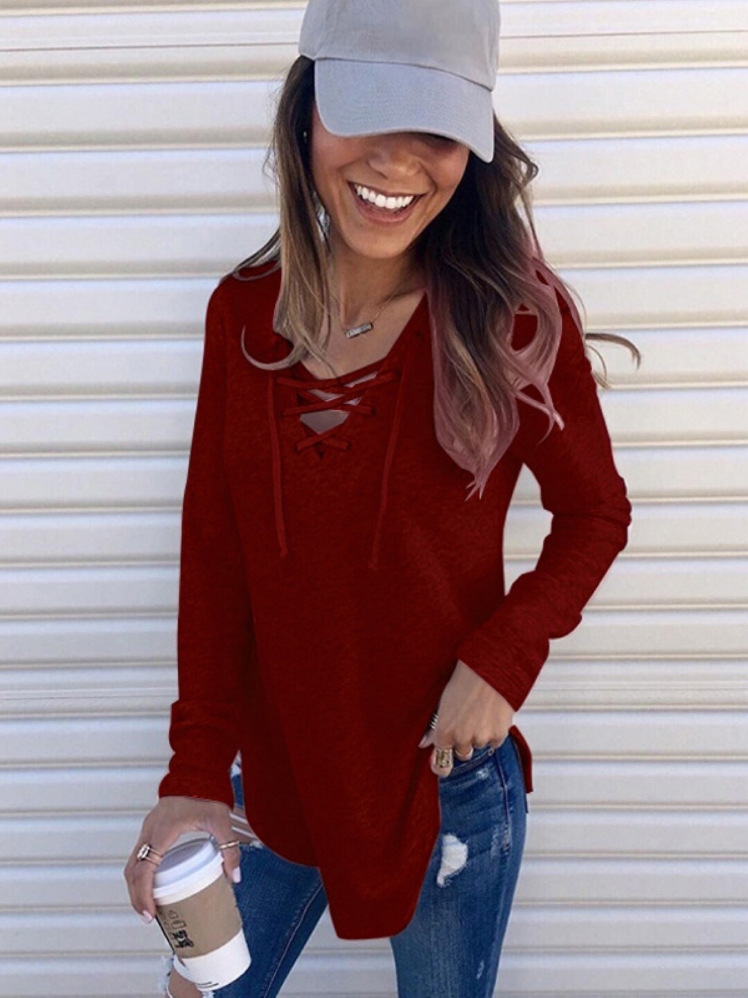 

StyleCast Burgundy Tie Up Neck Long Sleeves Top