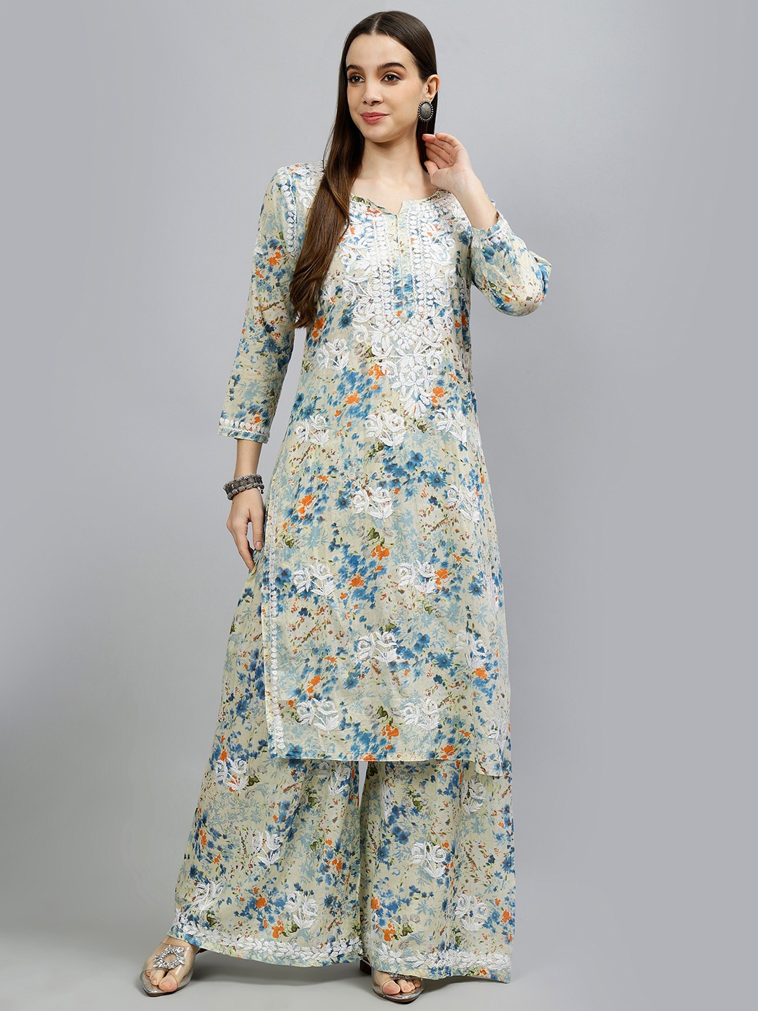 

Seva Chikan Ethnic Motifs Chikankari Embroidered Straight Kurta with Palazzos, Blue
