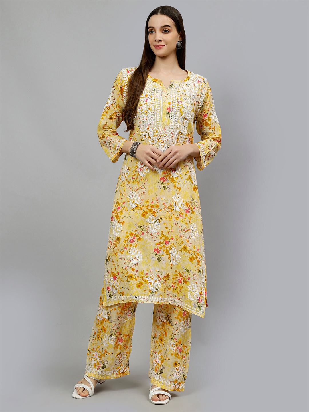

Seva Chikan Ethnic Motifs Embroidered Chikankari Straight Kurta With Palazzo, Yellow