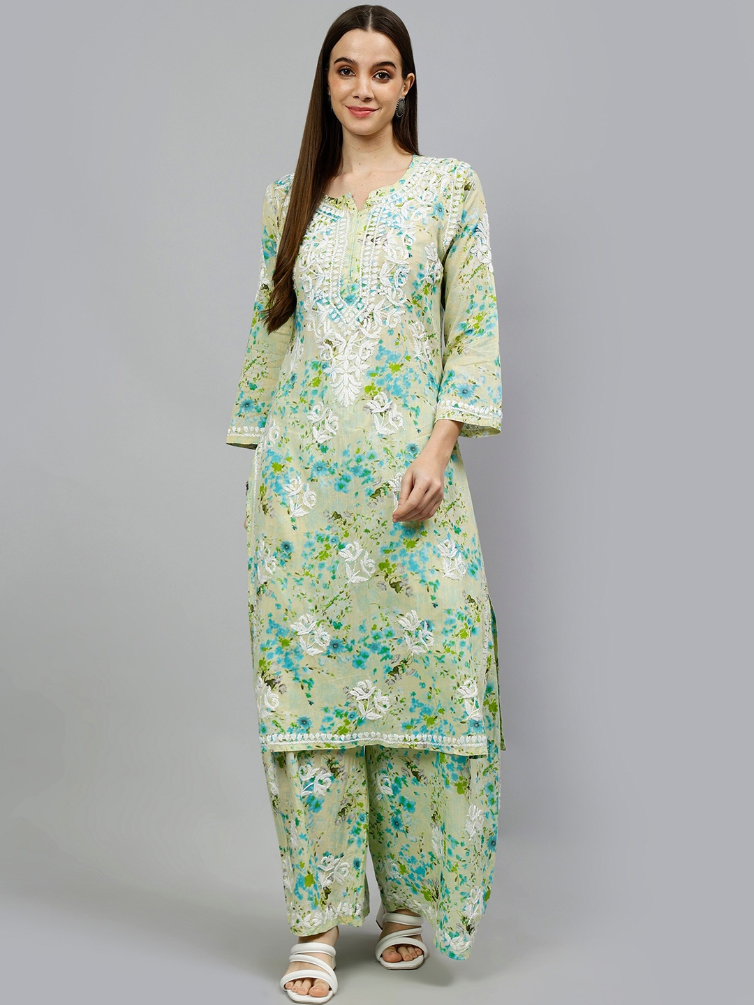 

Seva Chikan Ethnic Motifs Embroidered Chikankari Straight Kurta With Palazzo, Green