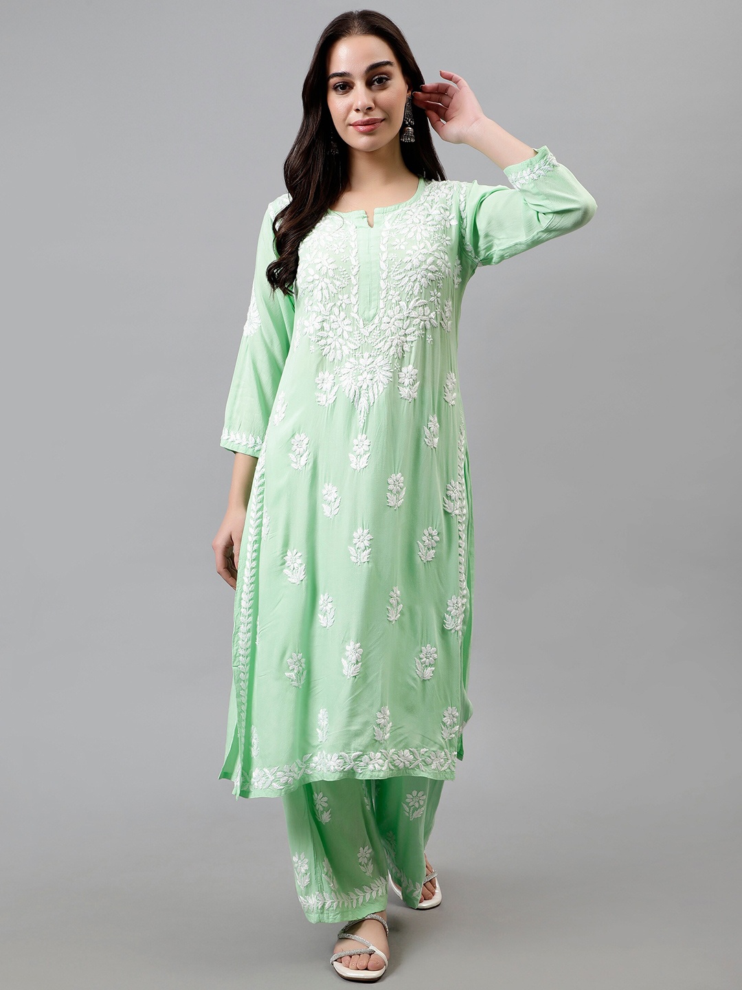 

Seva Chikan Ethnic Motifs Embroidered Chikankari Straight Kurta With Palazzo, Sea green